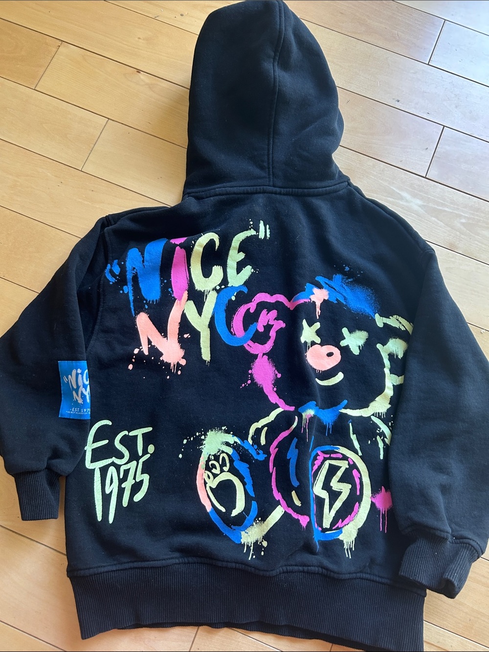 Zara Black Kids Hoodie with Neon Graffiti Bear Print - NICE NYC